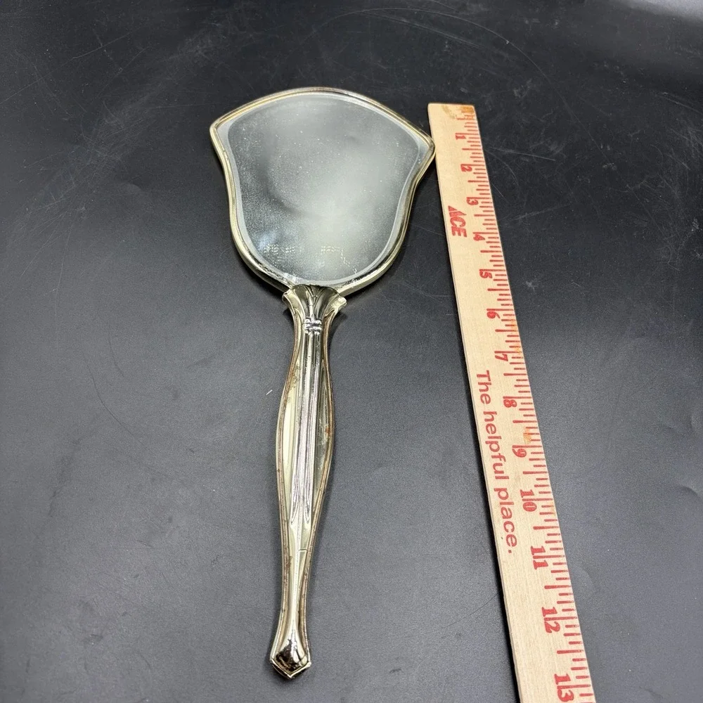 Vintage Art Deco Handheld Vanity Mirror Metal Frame Gold & Silver Victorian Leaf